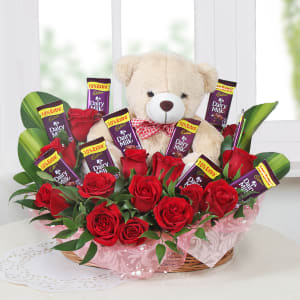 Basket Of Roses With Chocolate And Teddy